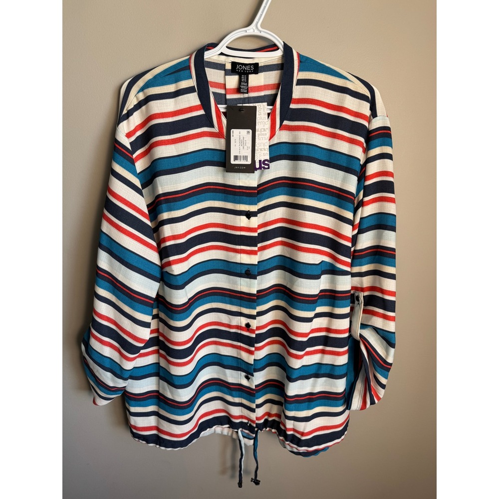 Jones New York Womens Multicolor Striped Roll Tab Sleeve Top 1X Nautical Preppy